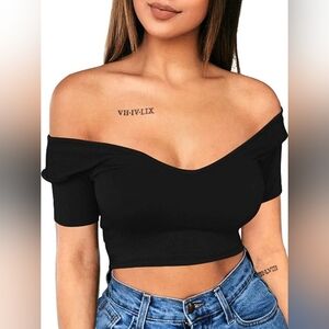 Women's Sexy Off Shoulder V Neck Short Sleeves Club Crop Top XL